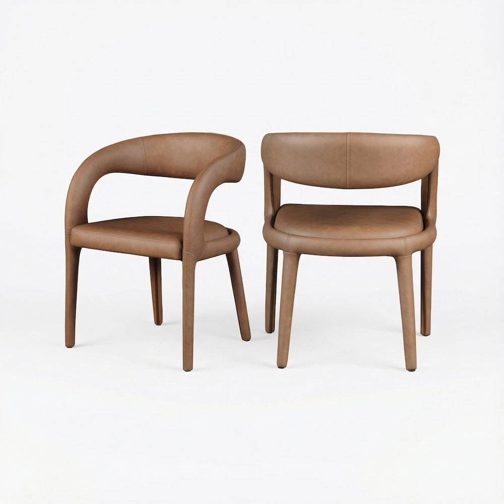 Brown Vegan Leather Dining Chair with Armrests and Cushioned Seat. Picture 1