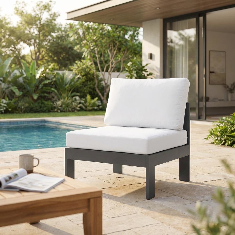 White Fabric Outdoor Patio Armless Chair, Aluminum Frame, Contemporary Style. Picture 3