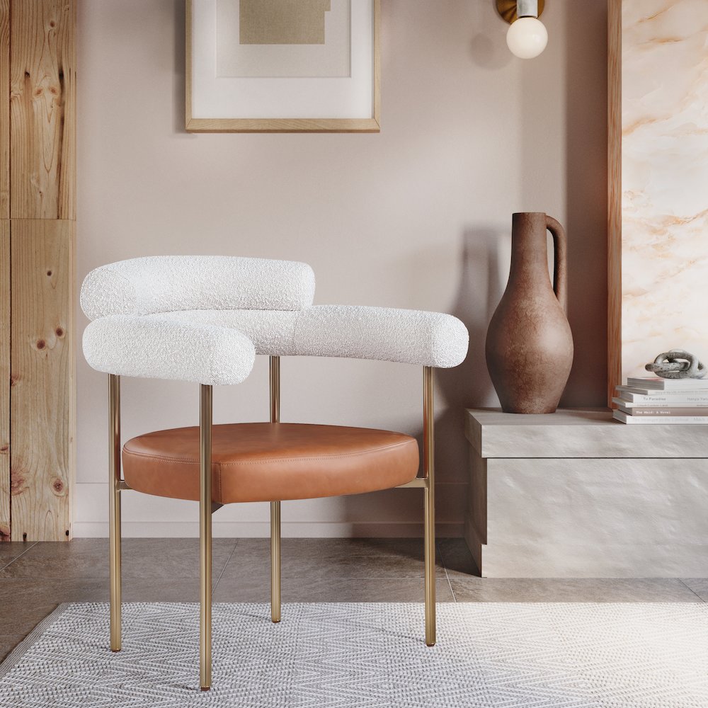Blake Cognac Vegan Leather / Cream Boucle Fabric Dining Chair, Set of 2. Picture 2
