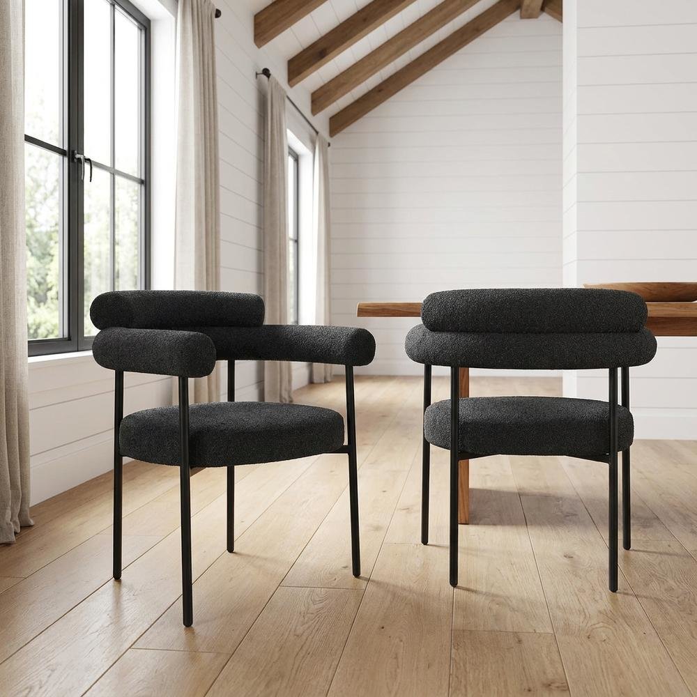 Boucle Upholstered Dining Chairs with Arms, Black Boucle Fabric, Set of 2. Picture 2