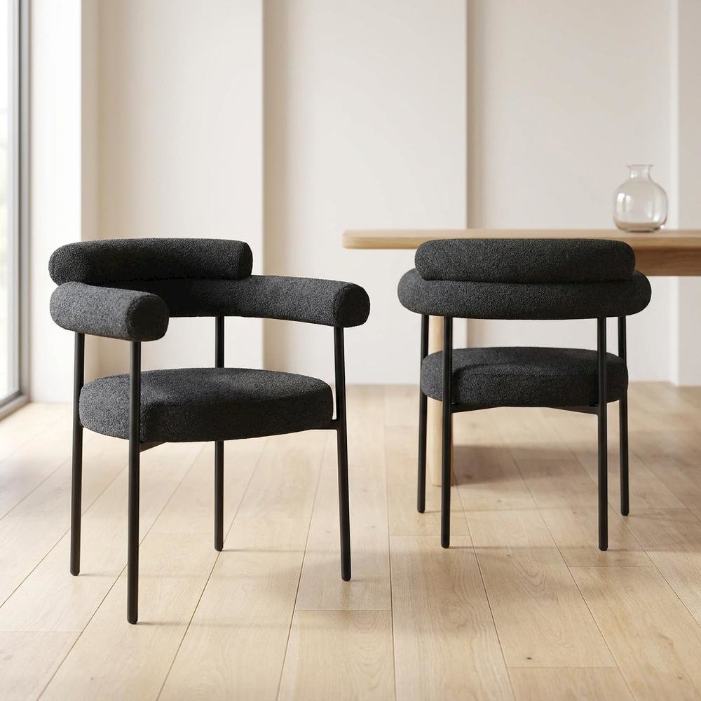 Boucle Upholstered Dining Chairs with Arms, Black Boucle Fabric, Set of 2. Picture 3