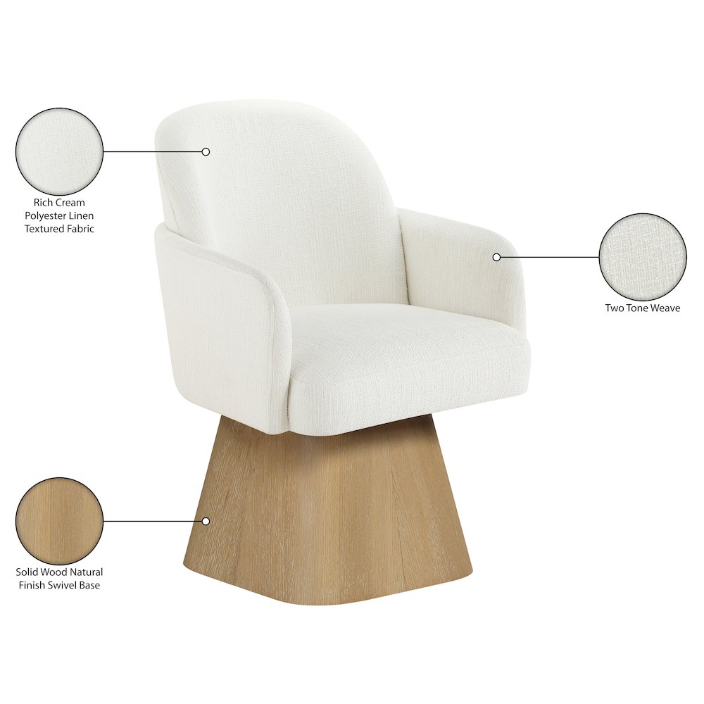 Marlowe Cream Linen Textured Fabric Upholstered Swivel Dining Arm Chair. Picture 11
