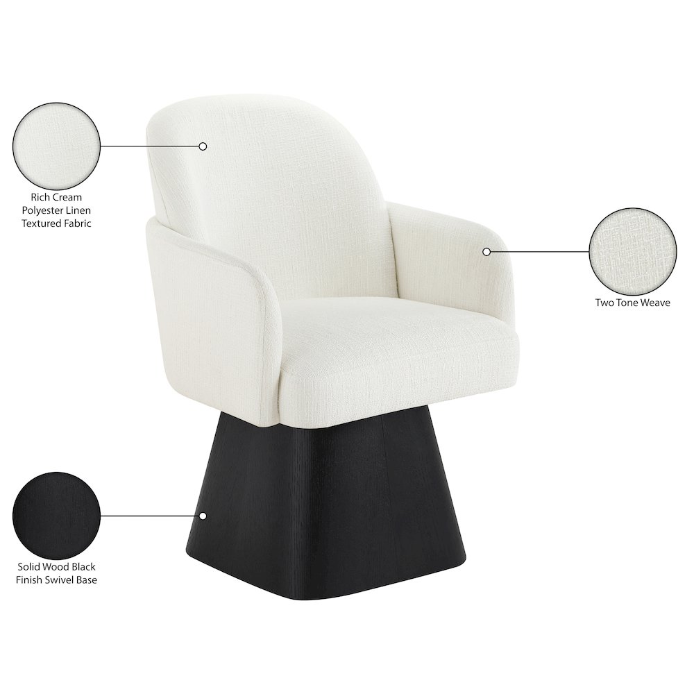 Marlowe Cream Linen Textured Fabric Upholstered Swivel Dining Arm Chair. Picture 11