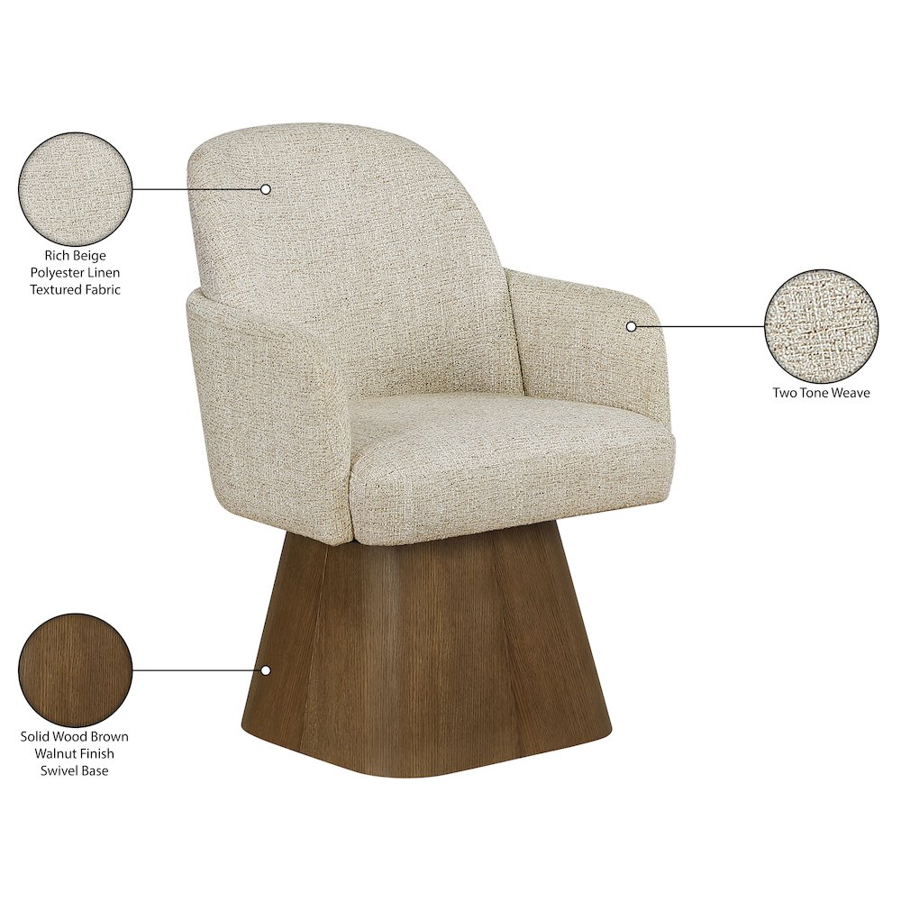 Marlowe Beige Linen Textured Fabric Upholstered Swivel Dining Arm Chair. Picture 11