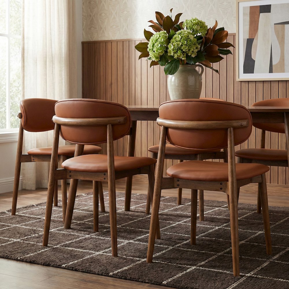 Leesa Cognac Vegan Leather Upholstered Dining Chair, Set of 2. Picture 2