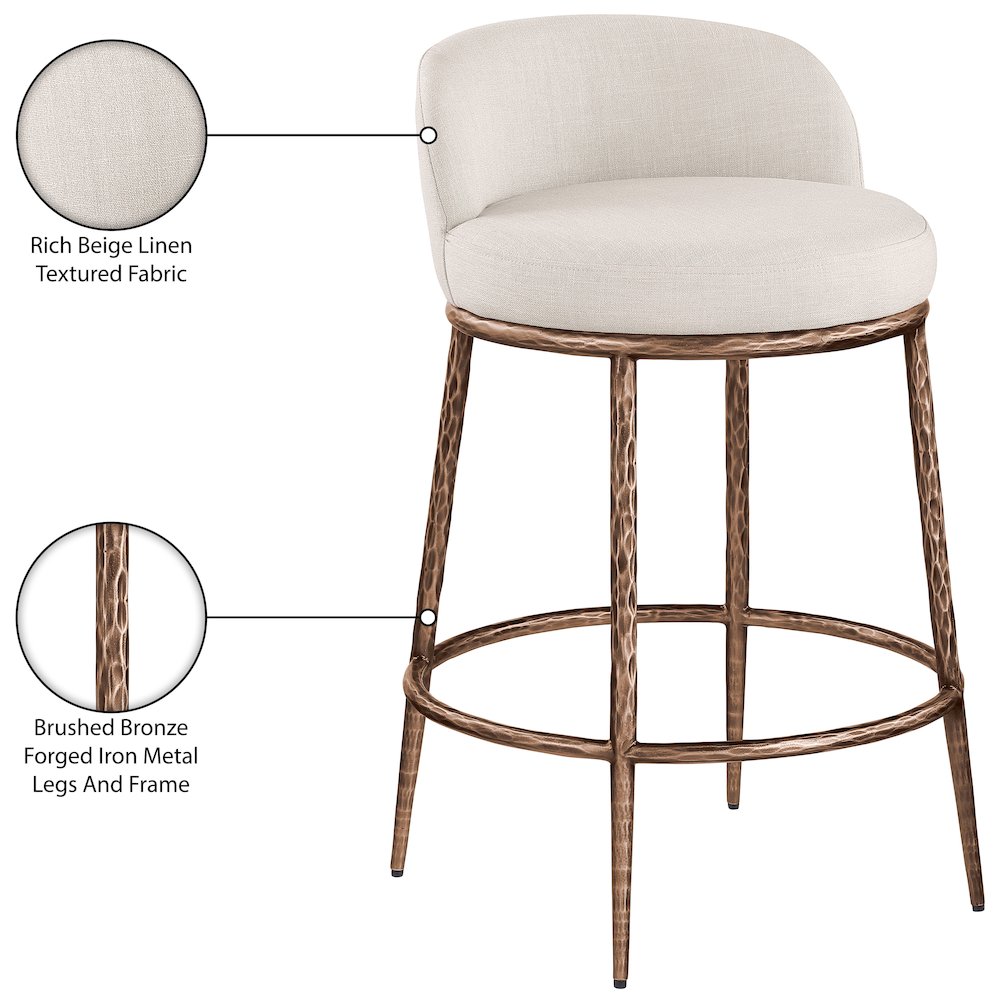 Ferro Beige Linen Textured Performance Fabric Upholstered Counter Stool. Picture 8