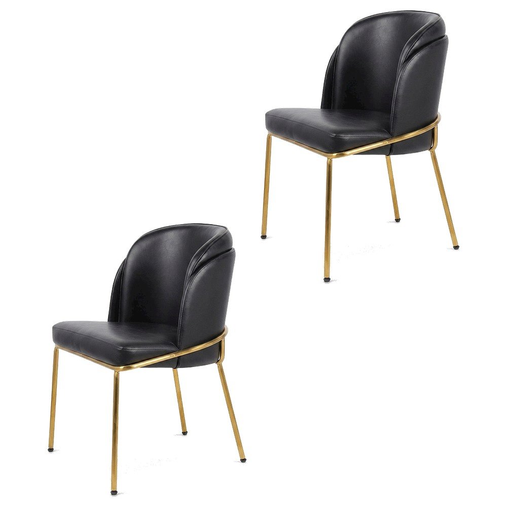 Vegan Leather Dining Chairs with Gold Iron Legs, Black Vegan Leather, Set of 2. Picture 1