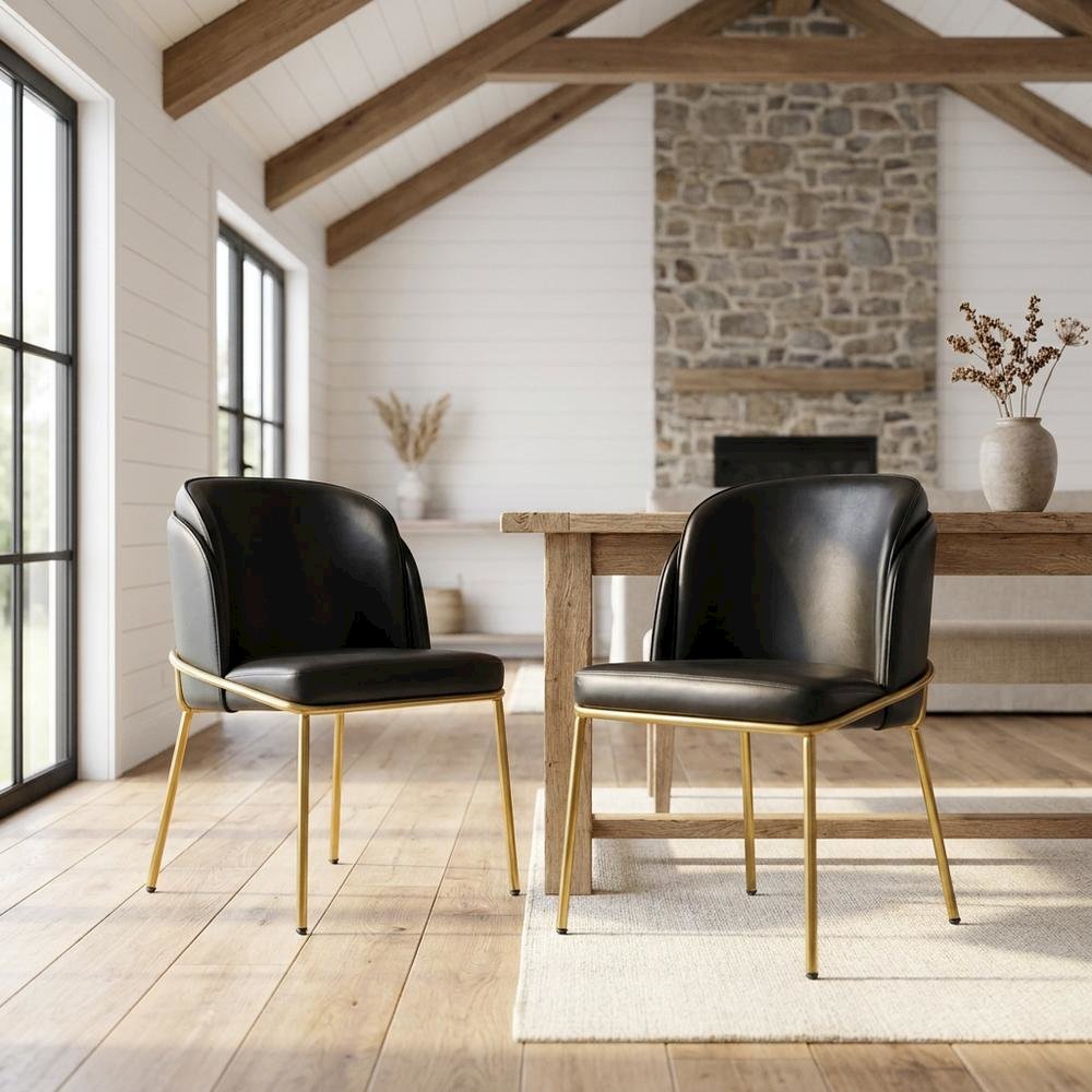 Vegan Leather Dining Chairs with Gold Iron Legs, Black Vegan Leather, Set of 2. Picture 3