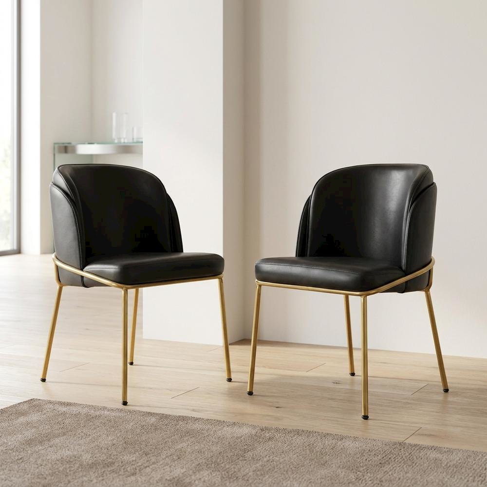 Vegan Leather Dining Chairs with Gold Iron Legs, Black Vegan Leather, Set of 2. Picture 4