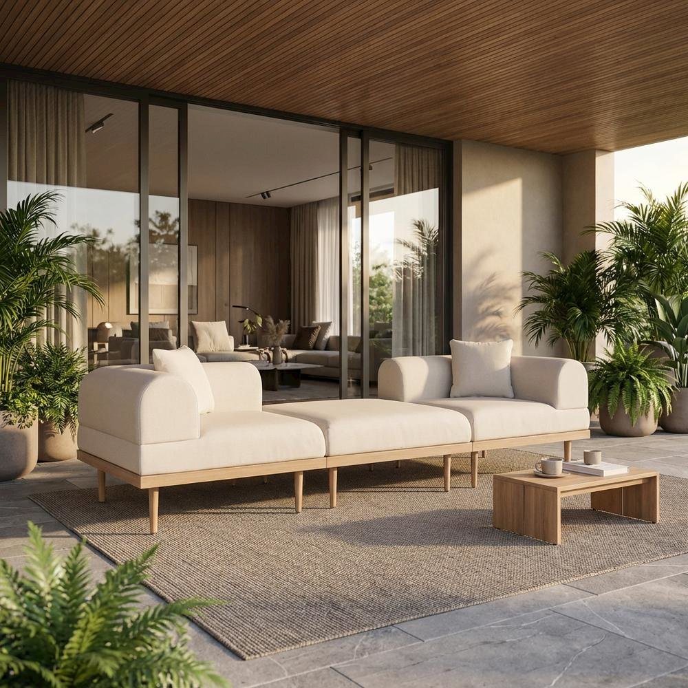 Cream Fabric Modular Outdoor Sofa Set With Cushions And Contemporary Style. Picture 2