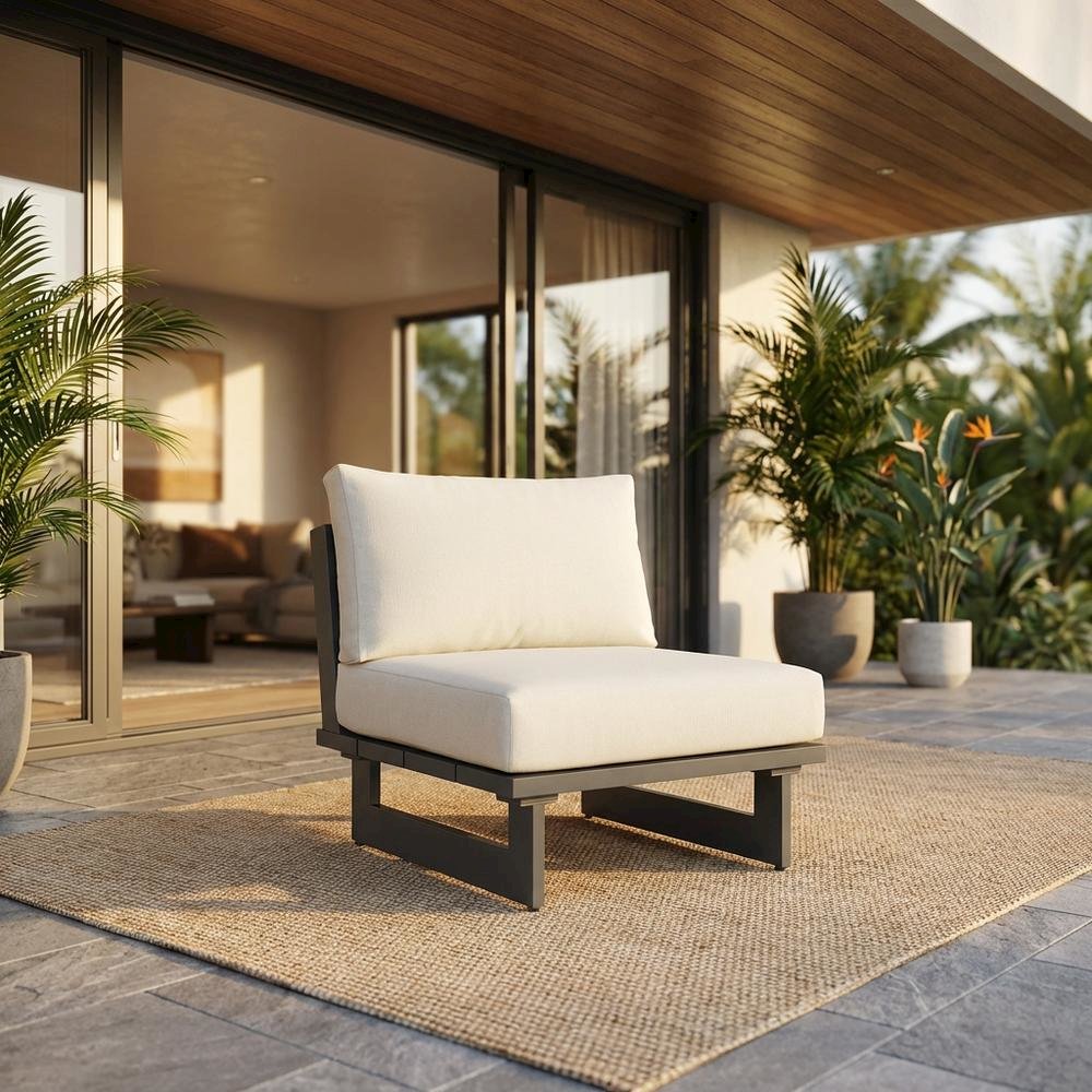 Cream Fabric Outdoor Patio Armless Chair With Contemporary Style. Picture 2