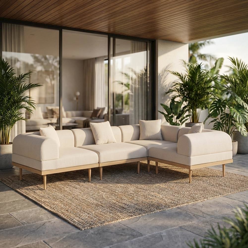 Beige Fabric Outdoor Modular Sectional, Cushioned Seats, Contemporary Style. Picture 2