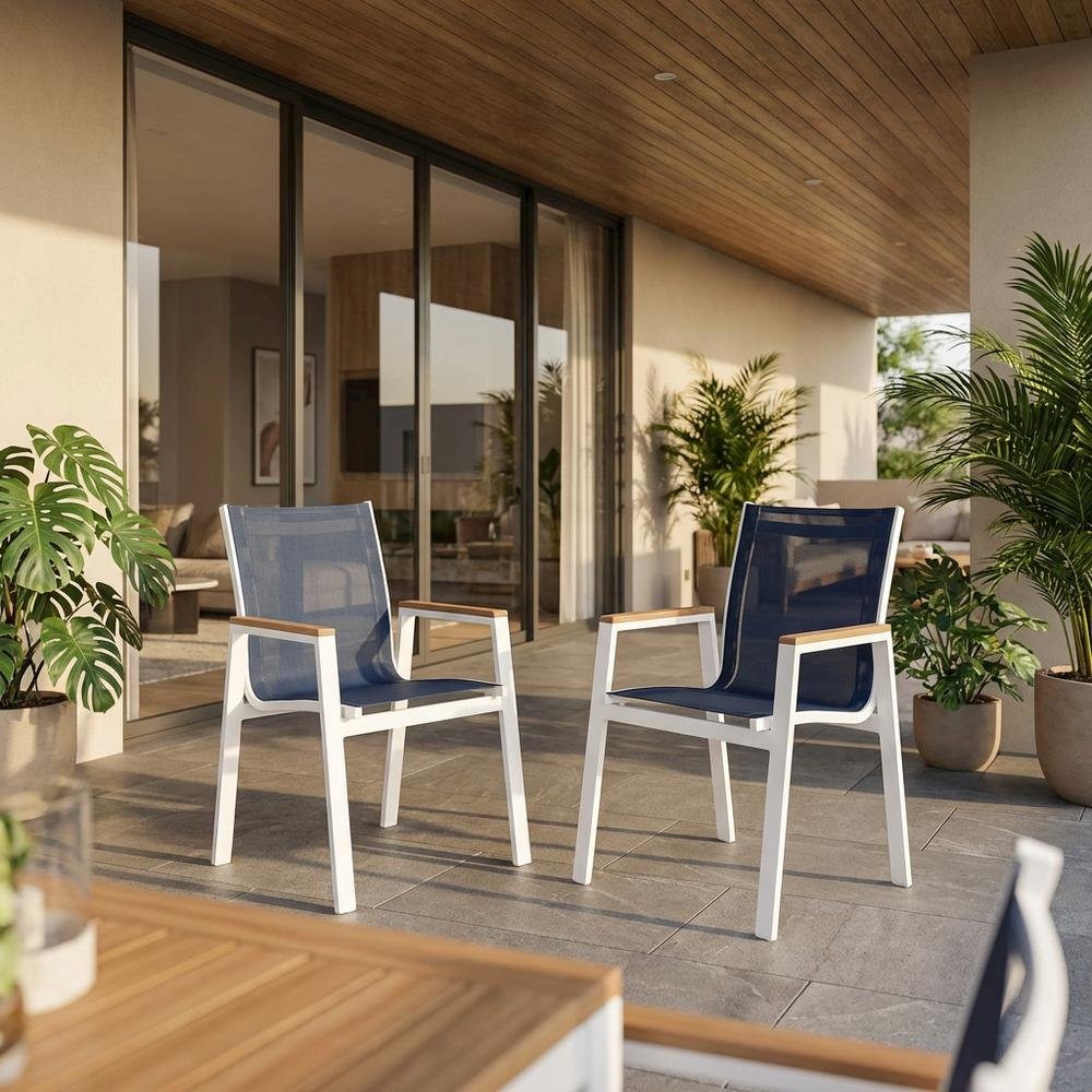 Navy Mesh Fabric Outdoor Dining Arm Chairs Set Of 2 With Cushioned Seats. Picture 2