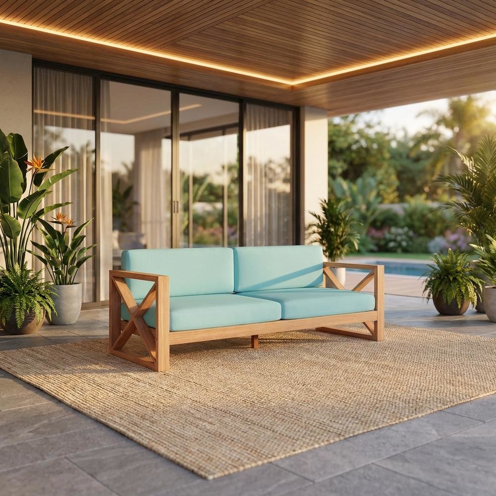 Blue Fabric Outdoor Sofa With Natural Teak Finish And Cushioned Seat. Picture 2