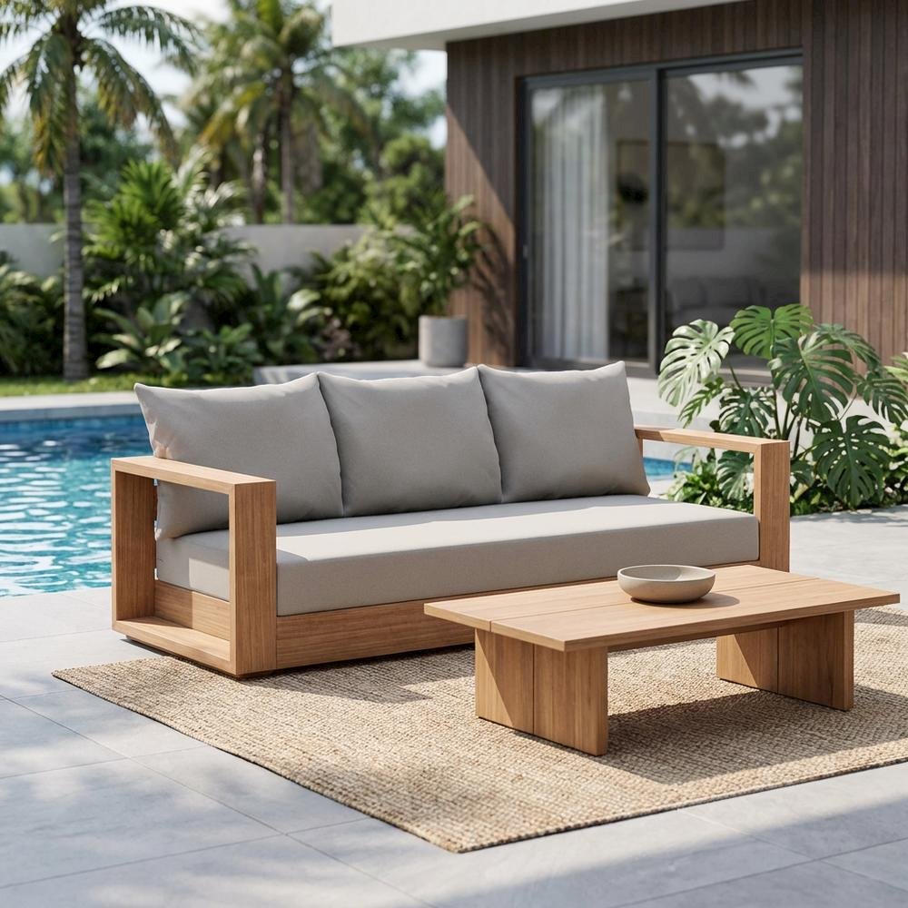 Contemporary Gray Fabric Outdoor Sofa With Cushions And Finish In Teak. Picture 3