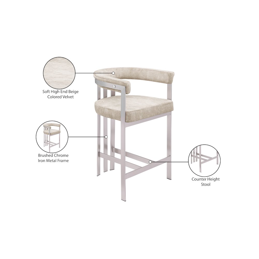 Marcello Beige Velvet Counter Stool, Set of 2. Picture 7