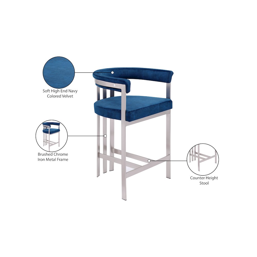 Marcello Navy Velvet Counter Stool, Set of 2. Picture 7