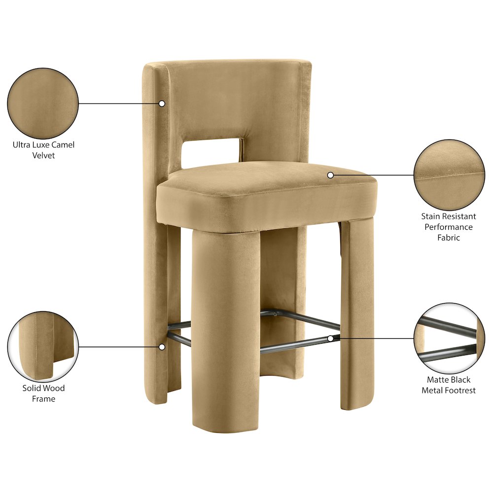 Zuno Camel Velvet Performance Fabric Upholstered Counter Stool. Picture 12