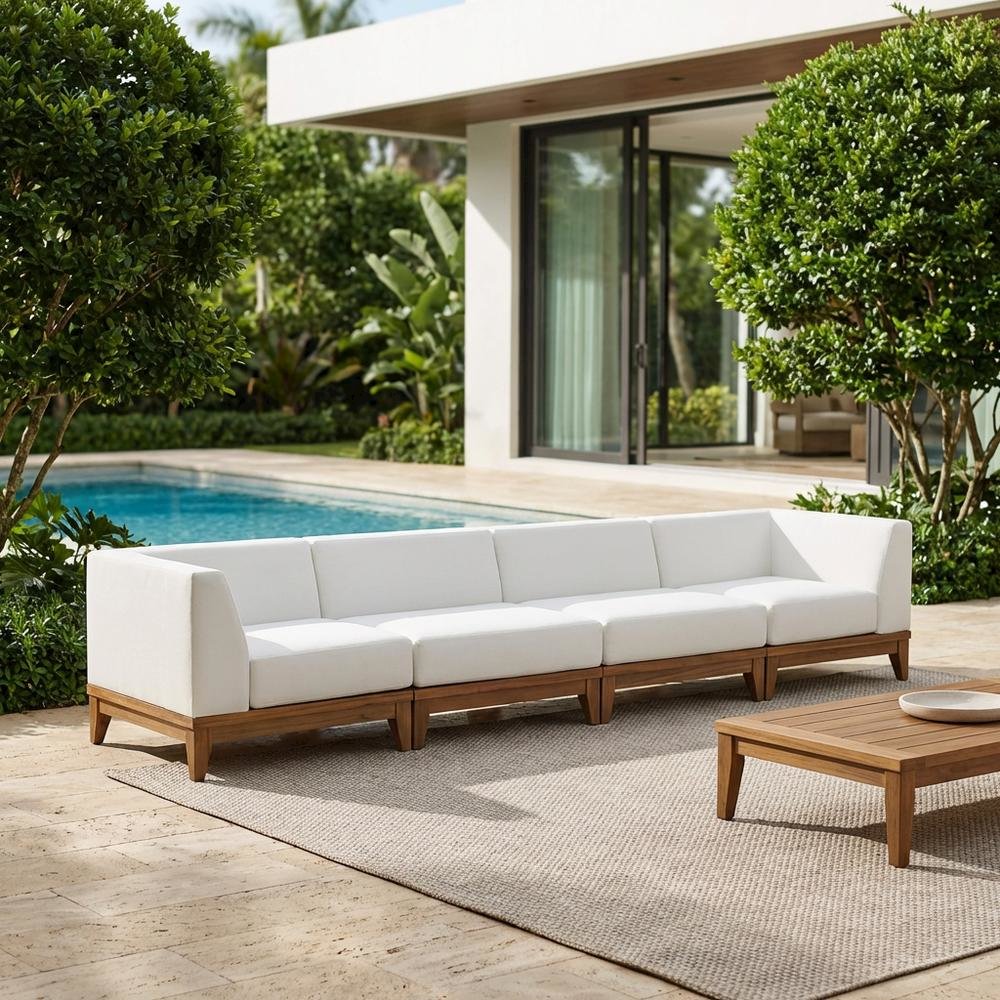 Contemporary White Fabric Outdoor Modular Sofa For Patio With Acacia Wood Finish. Picture 3