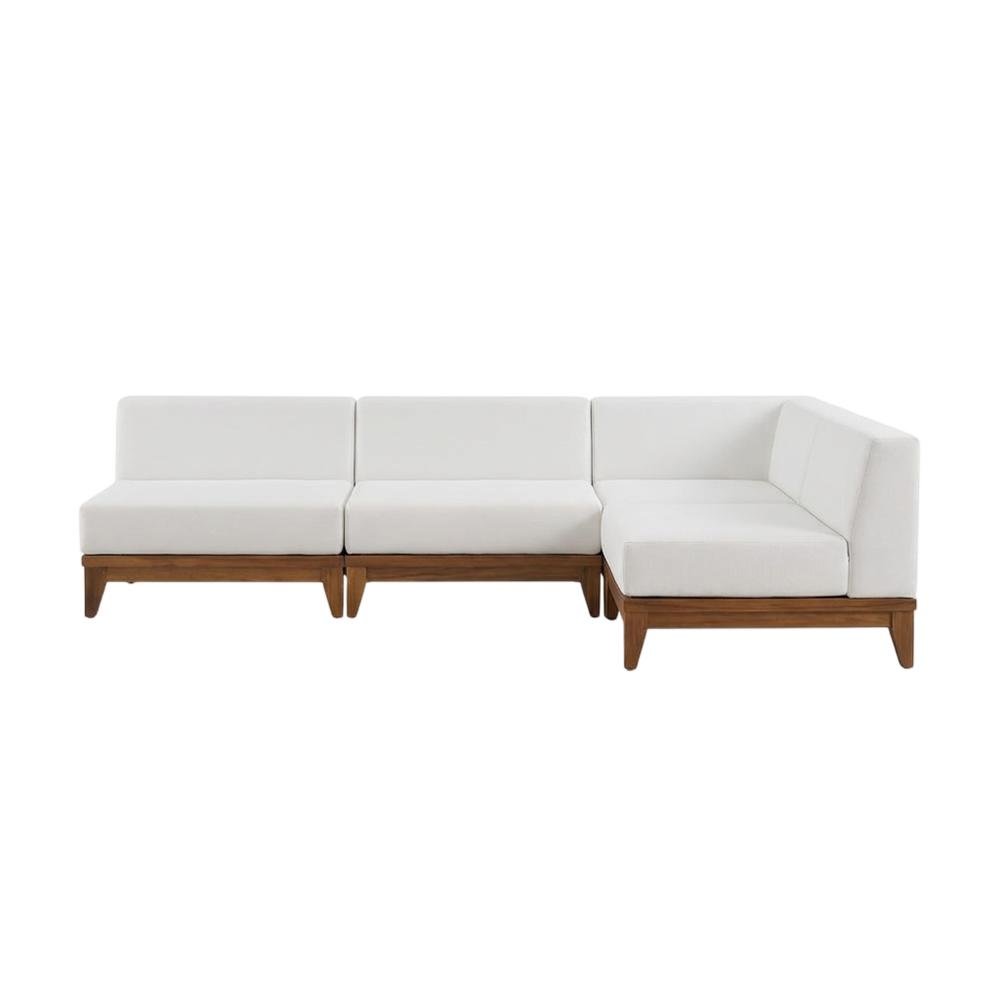 White Fabric Outdoor Patio Modular Sofa, Acacia Wood Finish, Contemporary Design. Picture 1