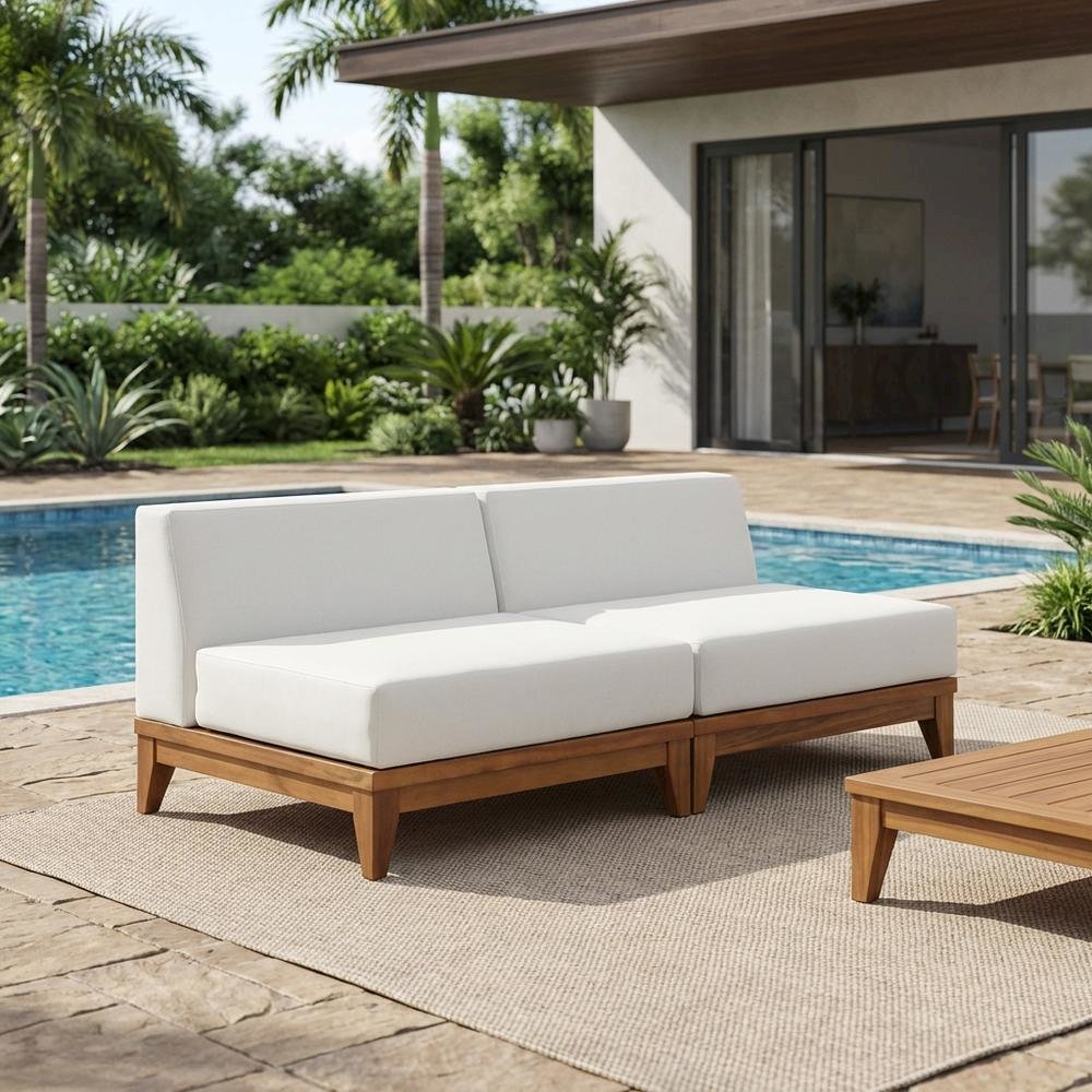 Contemporary White Fabric Outdoor Modular Sofa With Acacia Wood Finish. Picture 3