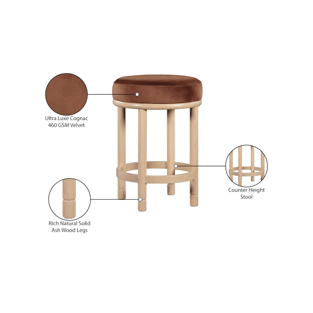 Monette Cognac Velvet Counter Stool. Picture 6