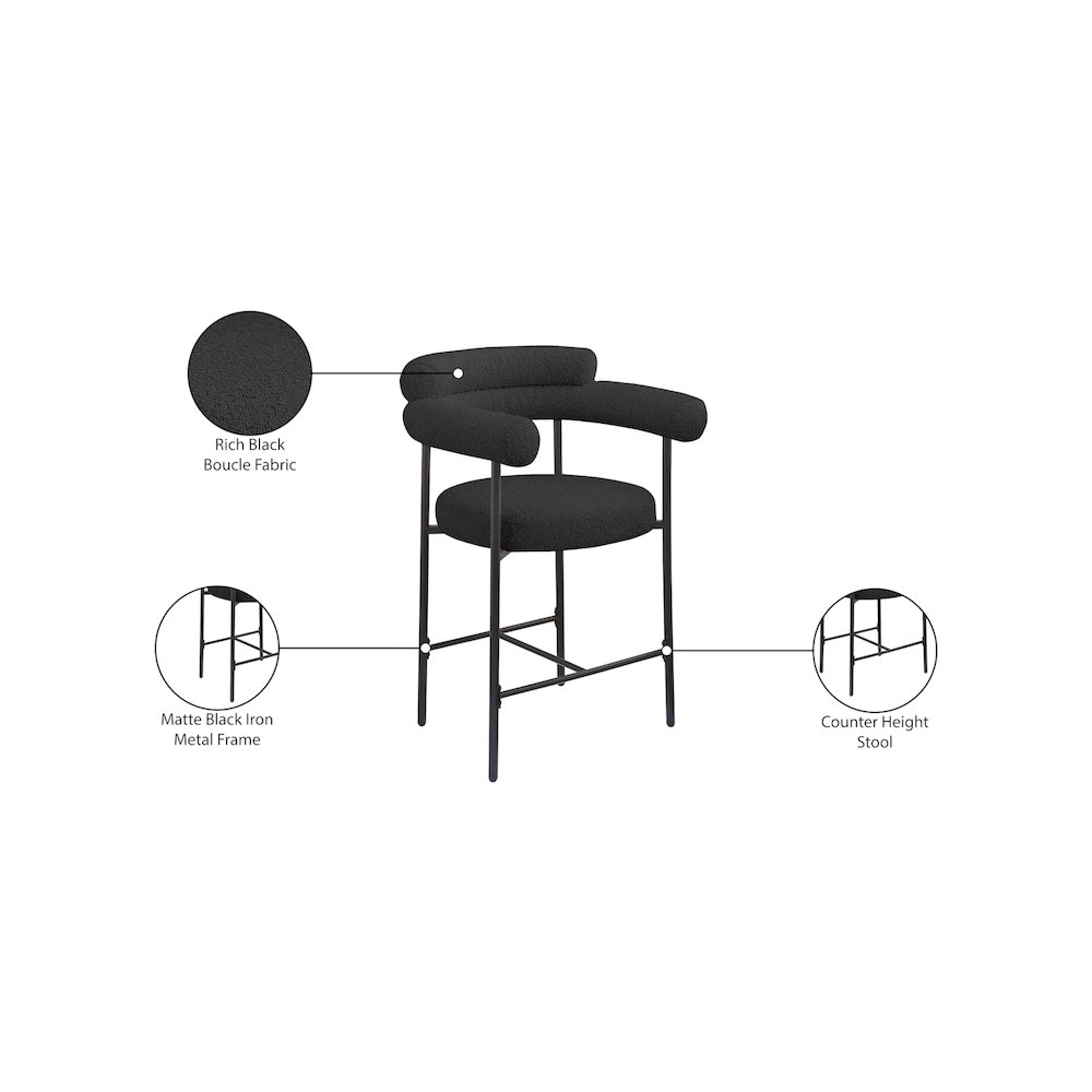 Blake Black Boucle Fabric Counter Stool, Set of 2. Picture 8