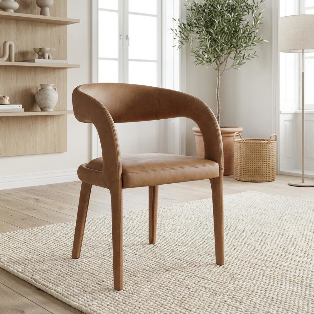Brown Vegan Leather Dining Chair with Armrests and Cushioned Seat. Picture 3