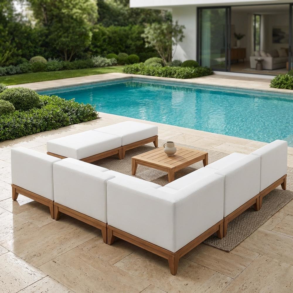 White Fabric Outdoor Patio Modular Sectional With Acacia Wood Finish. Picture 3