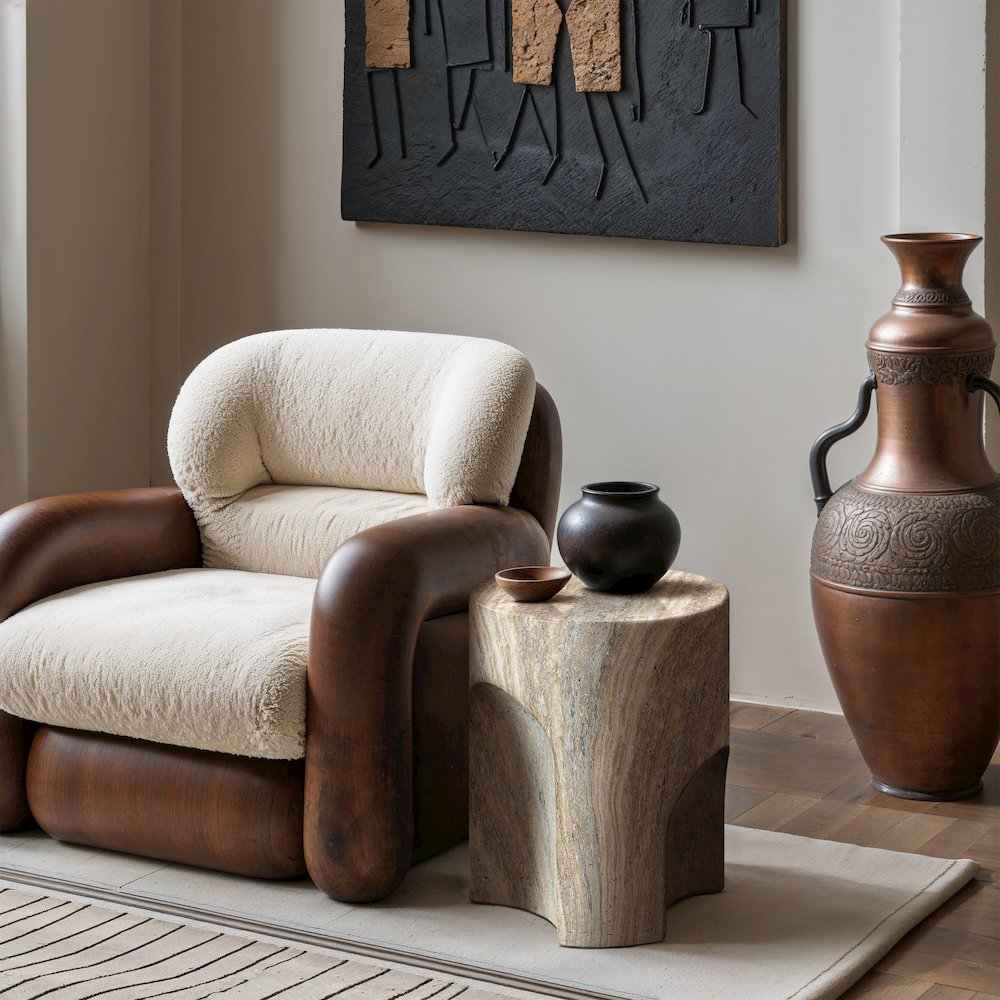 Olira Travertine Concrete And Fiberglass Indoor / Outdoor End Table. Picture 2