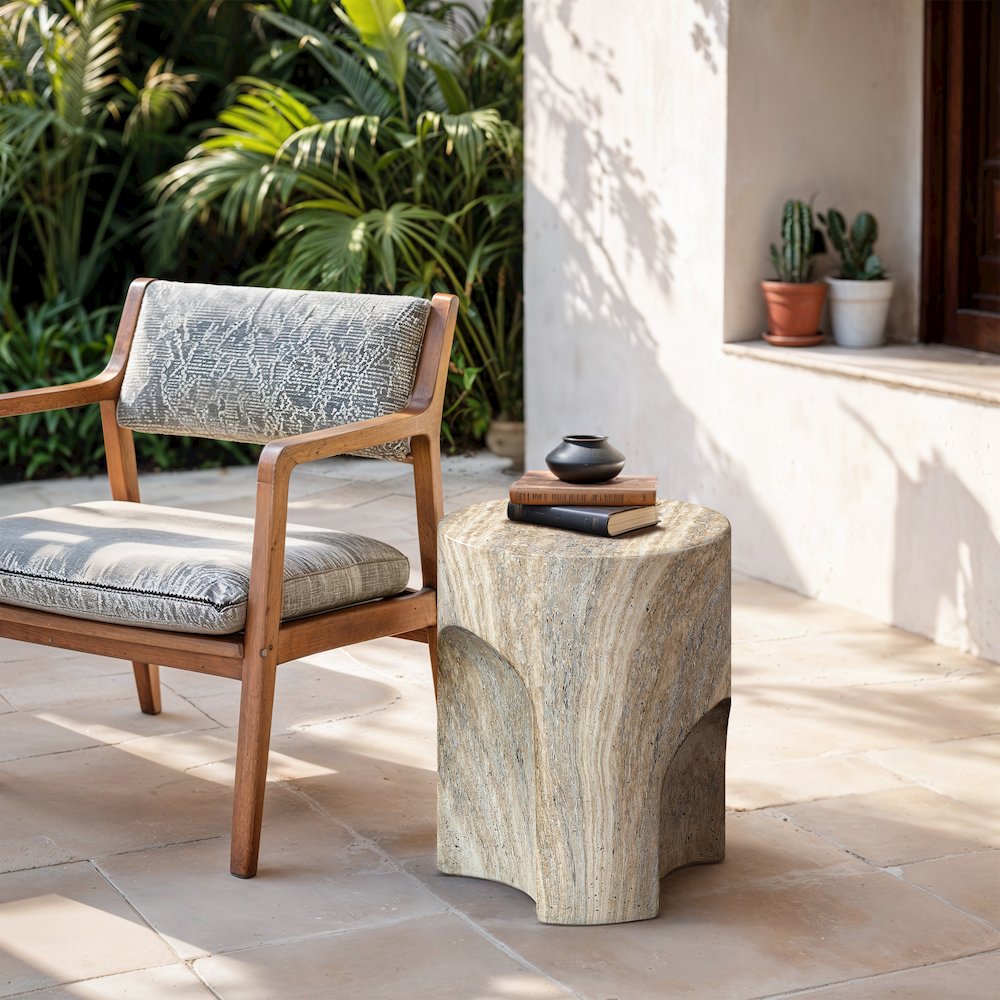Olira Travertine Concrete And Fiberglass Indoor / Outdoor End Table. Picture 3