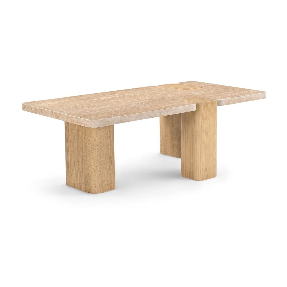 Ravenna Natural Genuine Travertine and Oak Wood Coffee Table. Picture 1