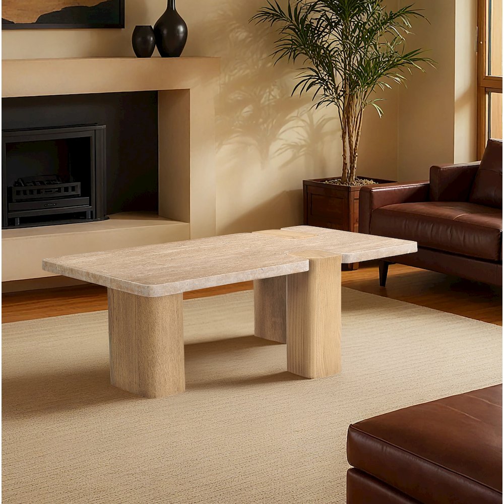 Ravenna Natural Genuine Travertine and Oak Wood Coffee Table. Picture 2