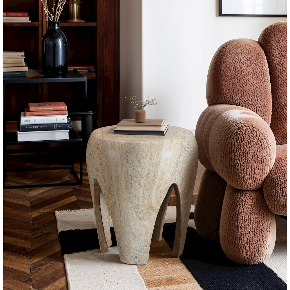 Moxie Travertine Concrete And Fiberglass Indoor / Outdoor End Table. Picture 3
