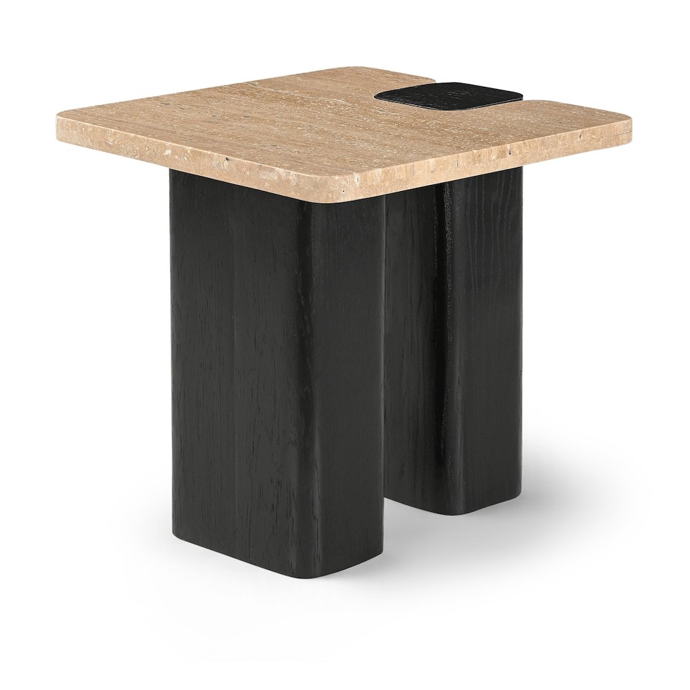 Ravenna Beige Genuine Travertine Top And Oak Wood Base End / Side Table. Picture 1