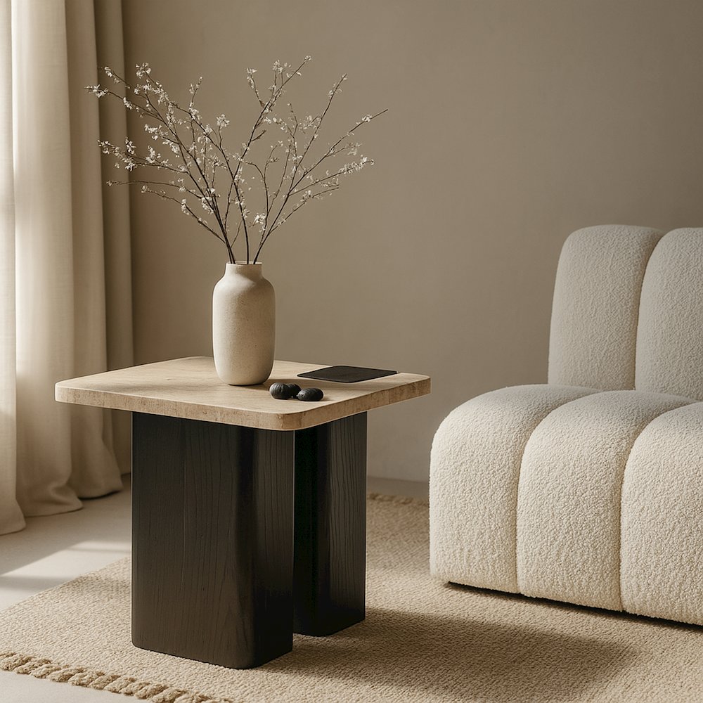 Ravenna Beige Genuine Travertine Top And Oak Wood Base End / Side Table. Picture 7