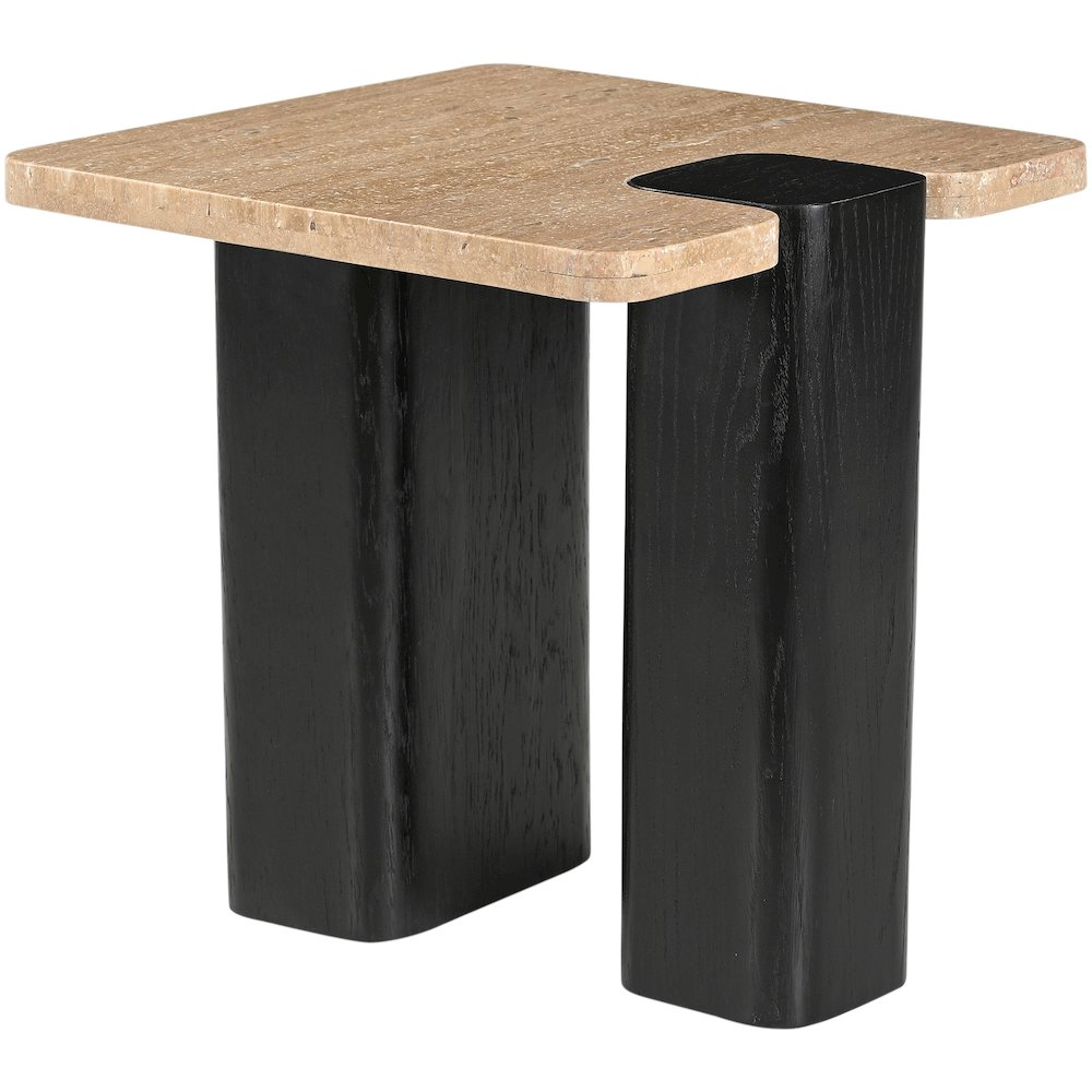 Ravenna Beige Genuine Travertine Top And Oak Wood Base End / Side Table. Picture 4