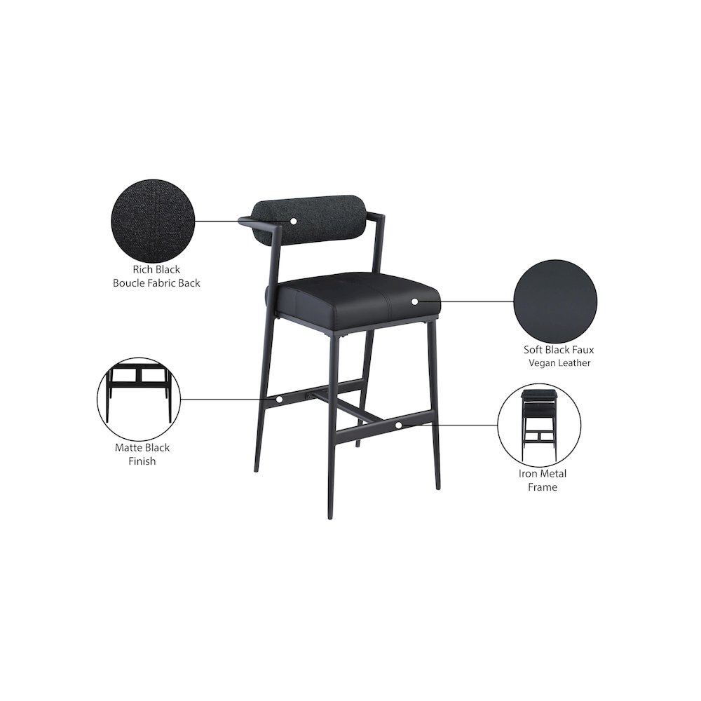 Stryker Black Boucle Fabric and Vegan Leather Stool, Set of 2. Picture 8