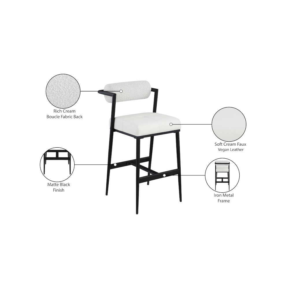 Stryker Cream Boucle Fabric and Vegan Leather Stool, Set of 2. Picture 8