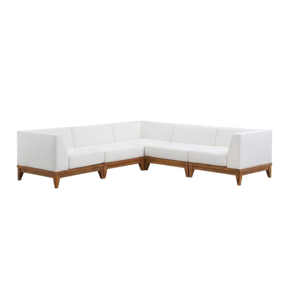 White Fabric Outdoor Patio Modular Sectional With Acacia Wood Finish. Picture 1