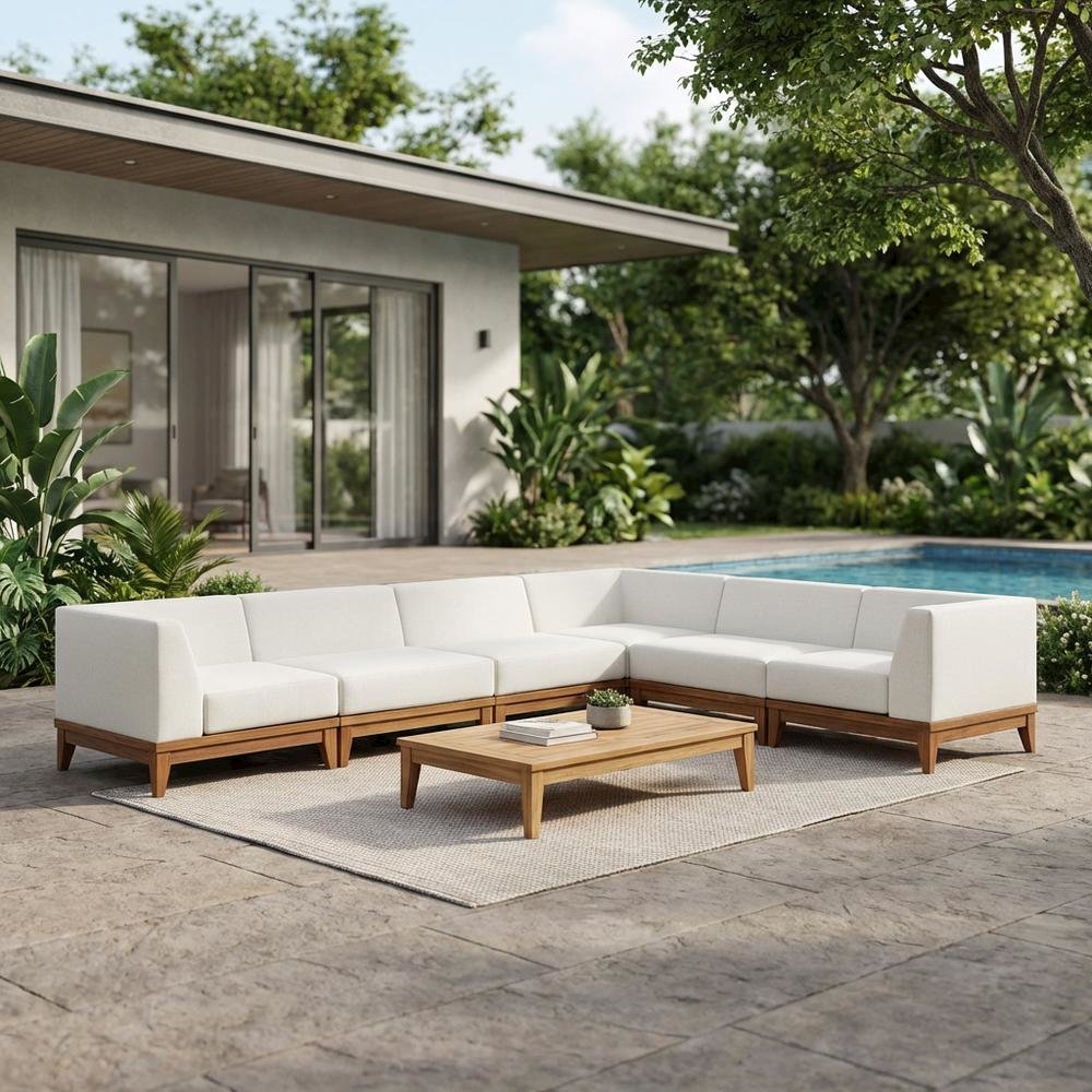 White Fabric Outdoor Patio Modular Sectional, Acacia Wood Finish, Contemporary. Picture 3