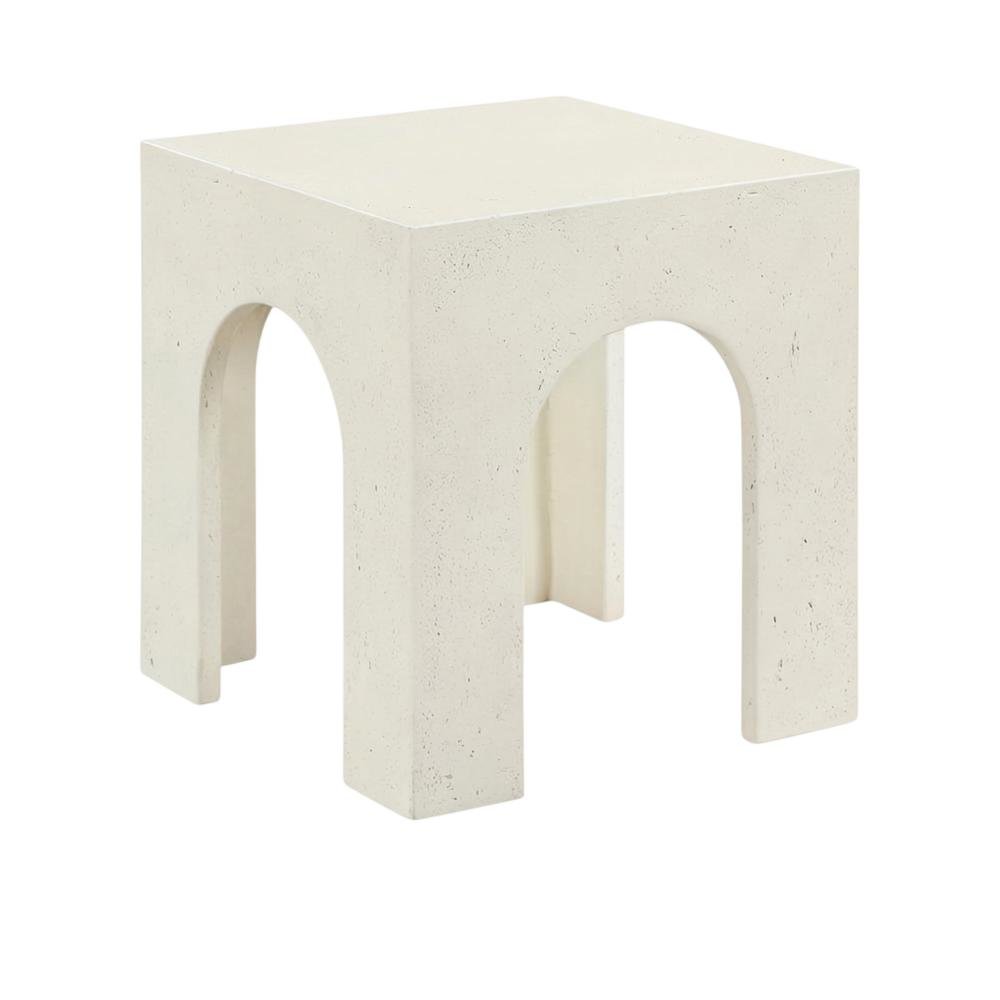 Cream Concrete and Fiberglass Outdoor End Table with Angular Legs. Picture 1