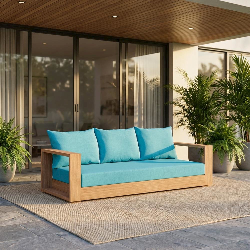Contemporary Blue Fabric Outdoor Sofa With Cushioned Seat And Pillows. Picture 2