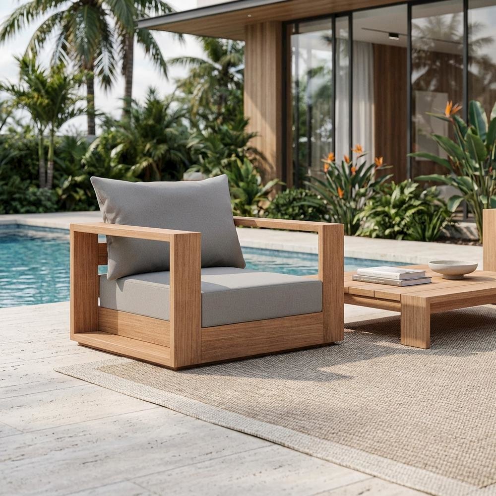 Gray Fabric Outdoor Chair With Pillow And Teak Finish. Picture 3