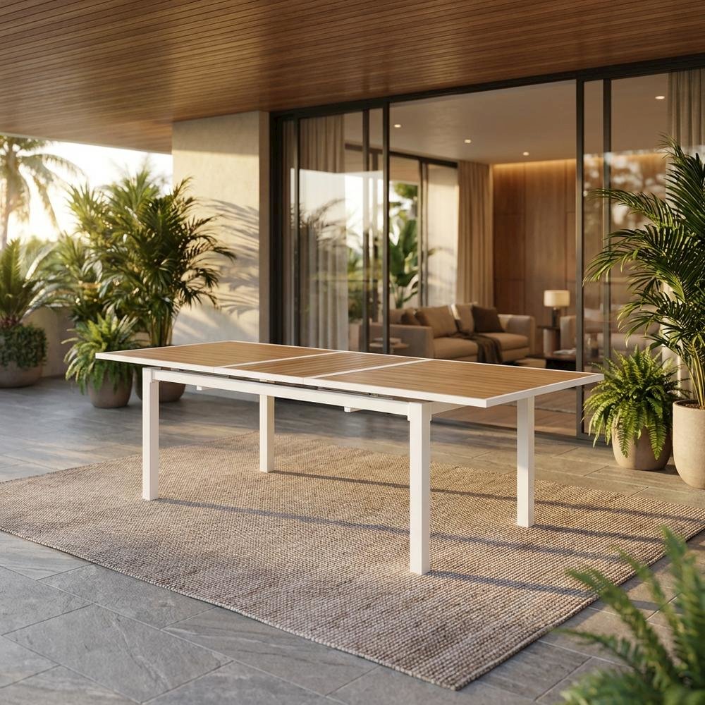 Brown Wood Look Outdoor Patio Dining Table, Adjustable Width, Contemporary Style. Picture 2