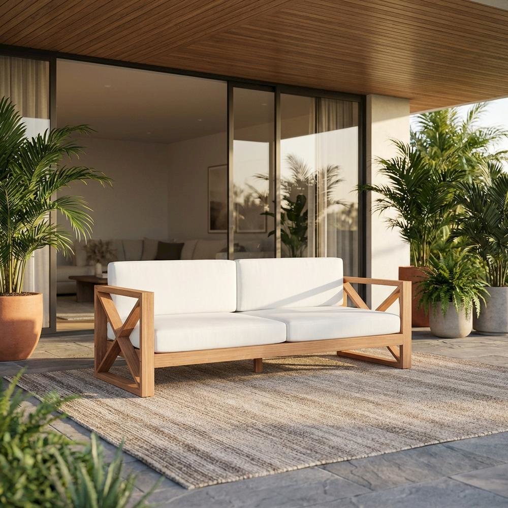 Contemporary White Fabric Outdoor Sofa With Teak Finish. Picture 2