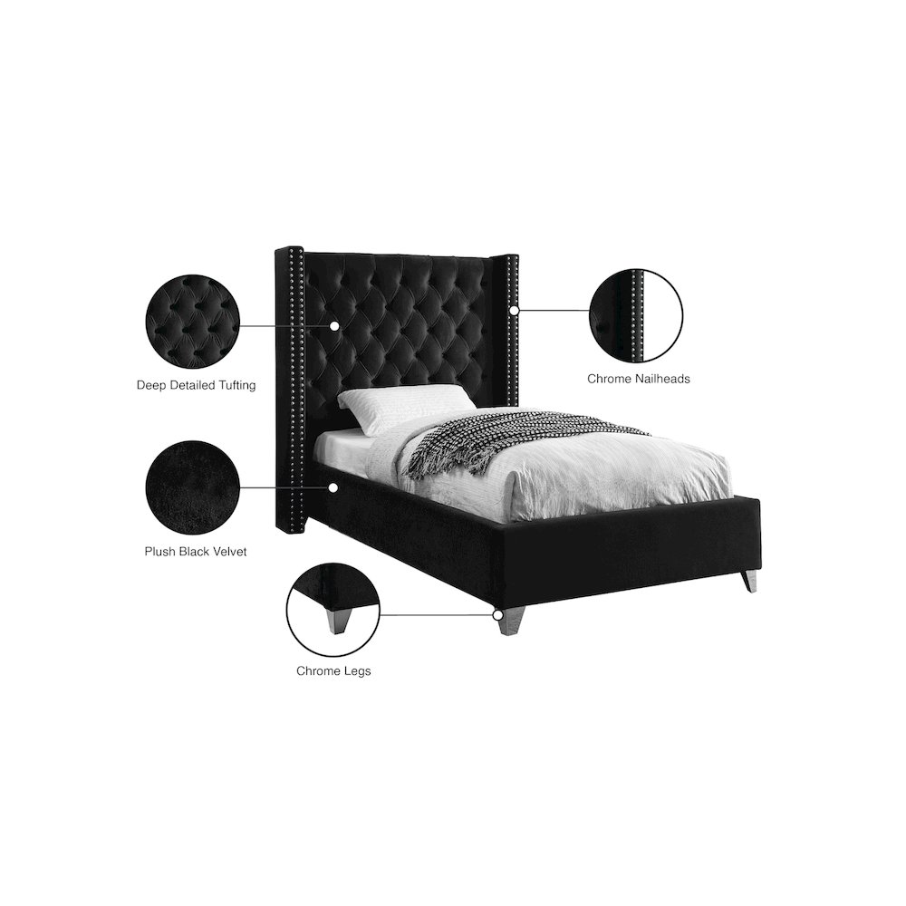 Aiden Black Velvet Twin Bed. Picture 4