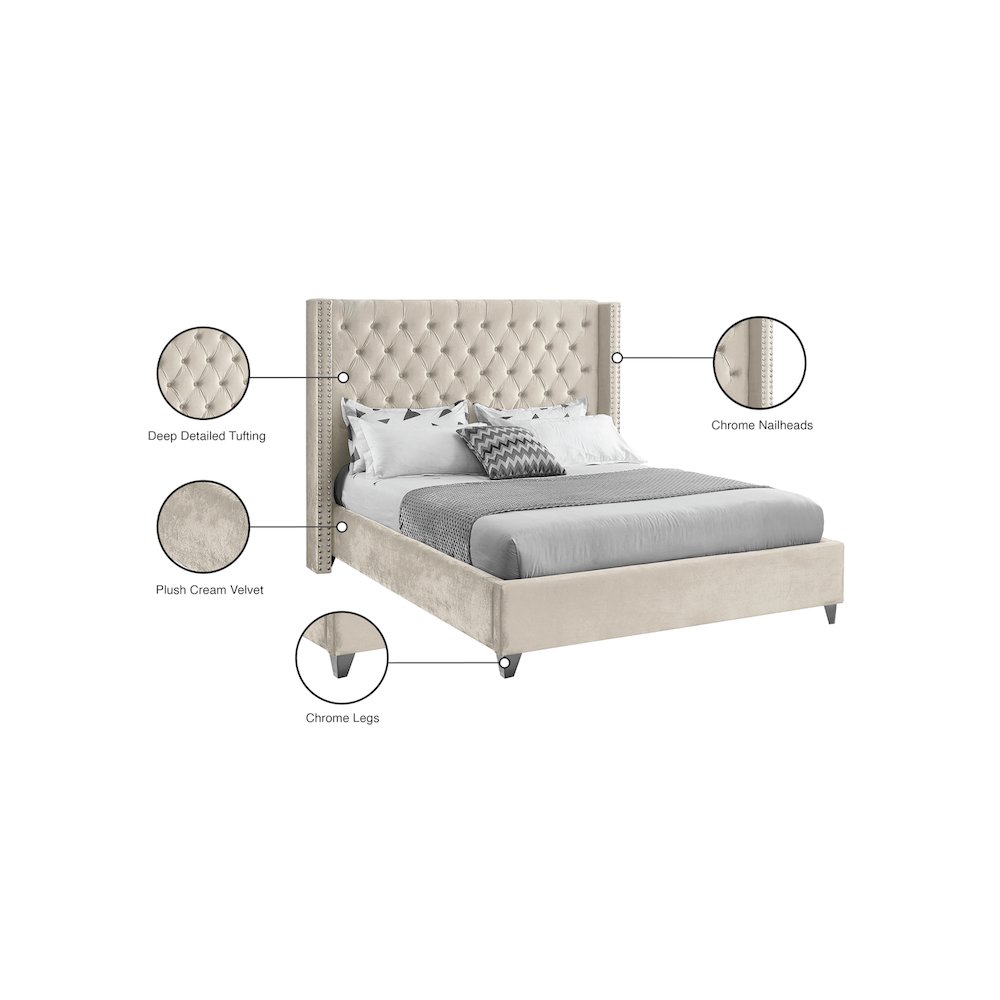 Aiden Cream Velvet King Bed. Picture 8