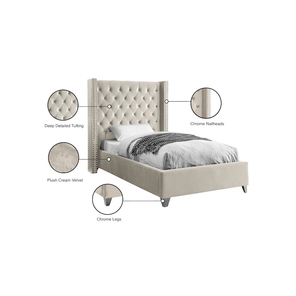 Aiden Cream Velvet Twin Bed. Picture 4