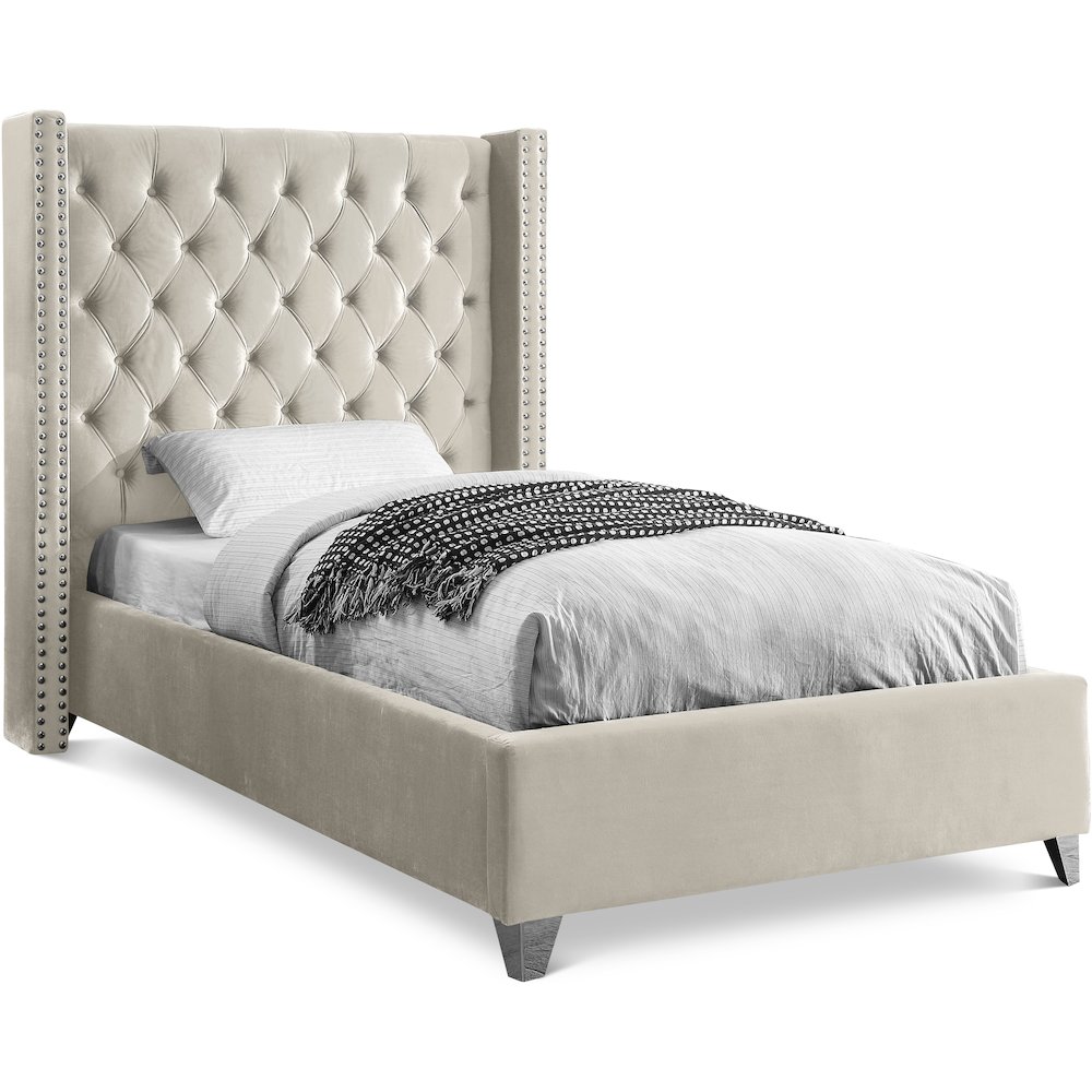 Aiden Cream Velvet Twin Bed. Picture 1